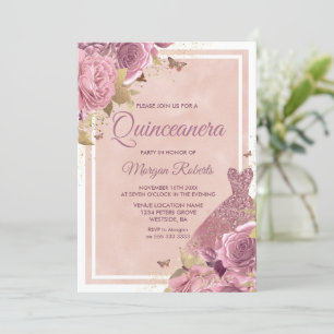 Magisk Rosa Dress & Flowers Quinceanera Inbjudningar