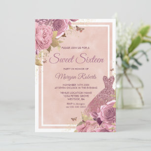 Magisk Rosa Dress & Flowers Sweet 16 Inbjudningar