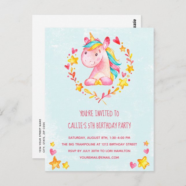 Magisk Rosa Enhörning Födelsedagsfest Inbjudan (Fram/baksida)