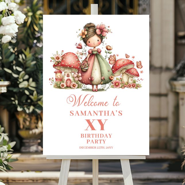 Magisk Rosa Fe 1-års Födelsedags Välkomstaffisch Poster (Magical Pink Fairy 1st Birthday Welcome Poster)