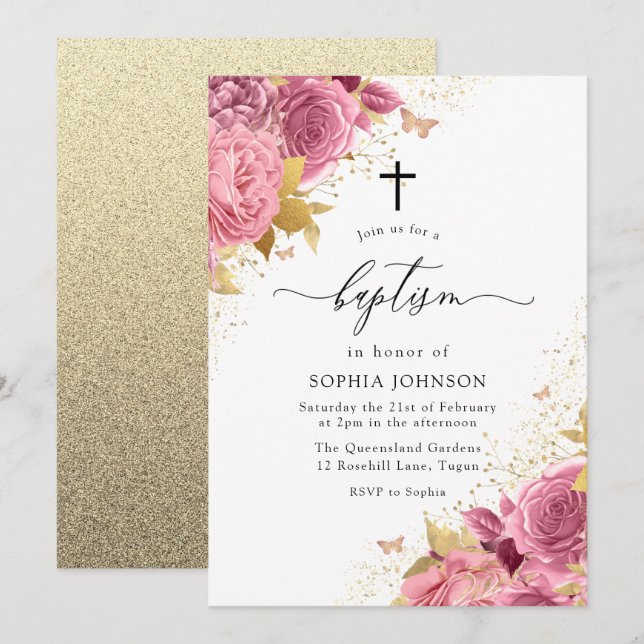 Magisk  Rosa Guld Flowers Glitter Baptism Inbjudningar (Fram/baksida)