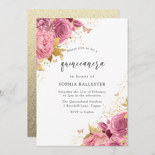 Magisk  Rosa Guld Flowers Quinceanera Party Inbjudningar (Fram/baksida)