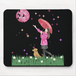 Magisk Rosa Måne & Hundpromenad Vattenfärg Musmatt Musmatta