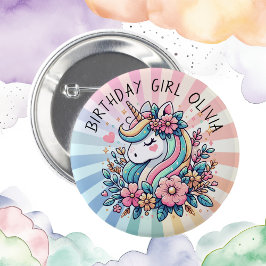 Magisk Rosa och Guld Unicorn och Flowers Knapp