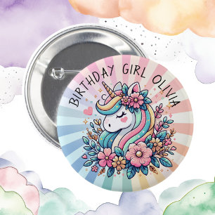 Magisk Rosa och Guld Unicorn och Flowers Knapp