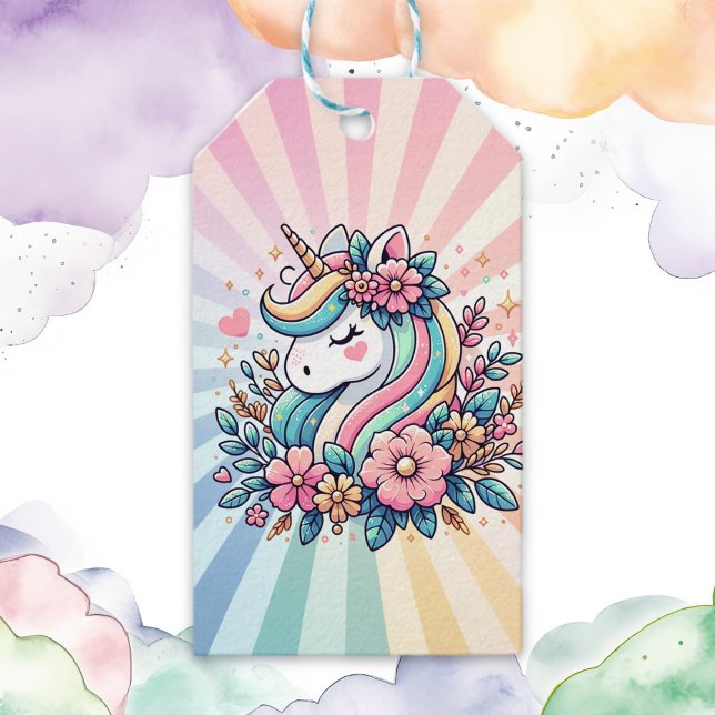 Magisk Rosa och Guld Unicorn och Flowers Presentetikett (Skapare uppladdad)