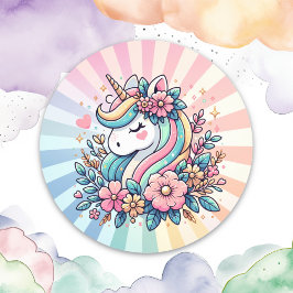 Magisk Rosa och Guld Unicorn och Flowers Runt Klistermärke