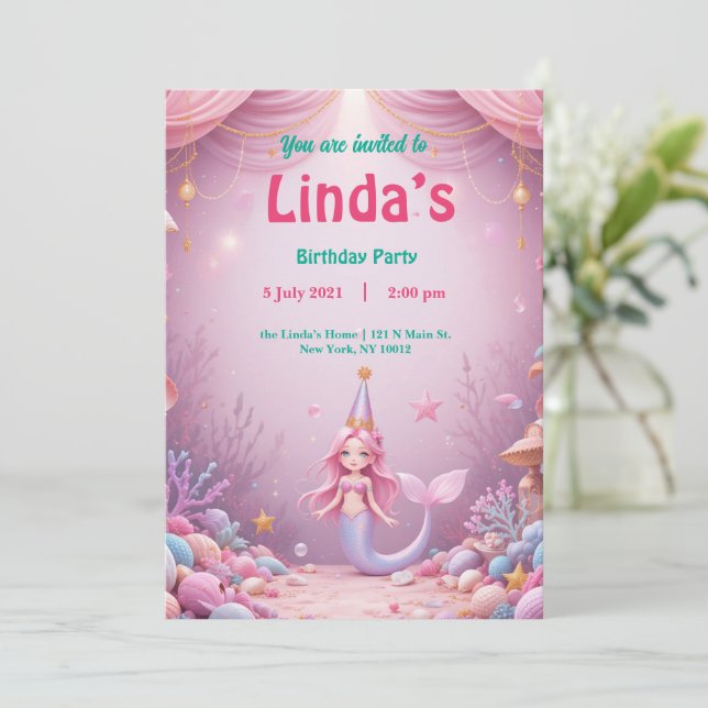 Magisk Rosa Sjöjungfru Party födelsedag Inbjudningar (Stående Fram)