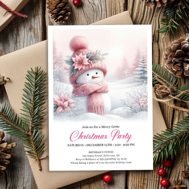 Magisk Rosa Snömannen Redigerbar Barn Julfest Inbjudningar (Magical Pink Snowman Editable Kids Christmas Party Invite)