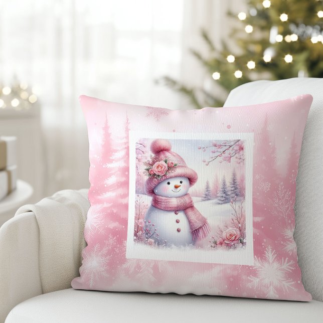 Magisk Rosa Vinter Kudd Cute Snöman Stil Kudde (Magical Pink Winter Pillow Cute Snowman Style)