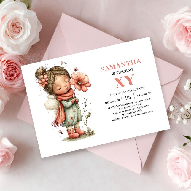 Magisk Sagoflicka 3-års Födelsedags Rosa Blommiga  Inbjudningar (Magical Fairy Girl 3rd Birthday Floral Pink invitation)