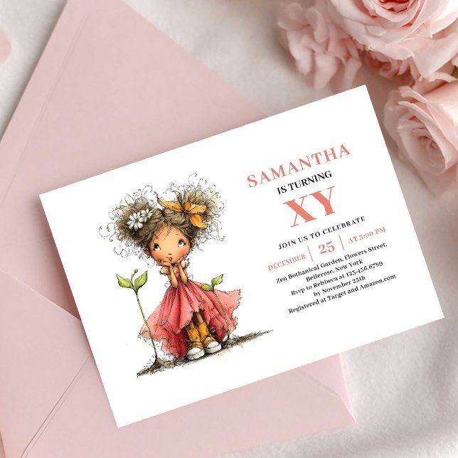 Magisk Sagoflicka 7-års Födelsedagsrodnad Blommig Inbjudningar (Magical Fairy Girl 7th Birthday Blush Floral invitation)