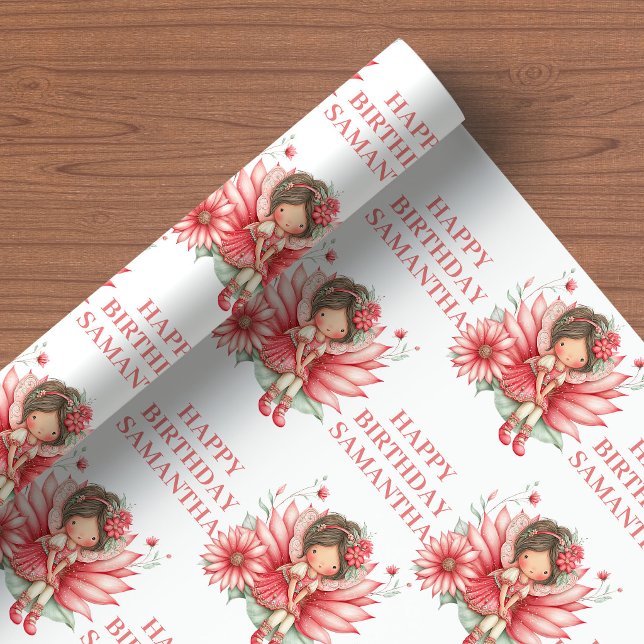 Magisk Sagoprinsessa 3-årsdag Rodnad Blommig omsla Presentpapper (Magical Fairy Girl 3rd Birthday Blush Floral wrapping paper)