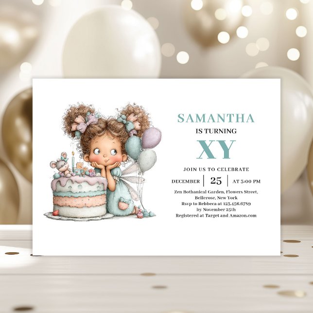 Magisk Sagoprinsessa 4-årsdag Söt inbjudan med fan (Magical Fairy Girl 4th Birthday Cute Whimsy invitation)