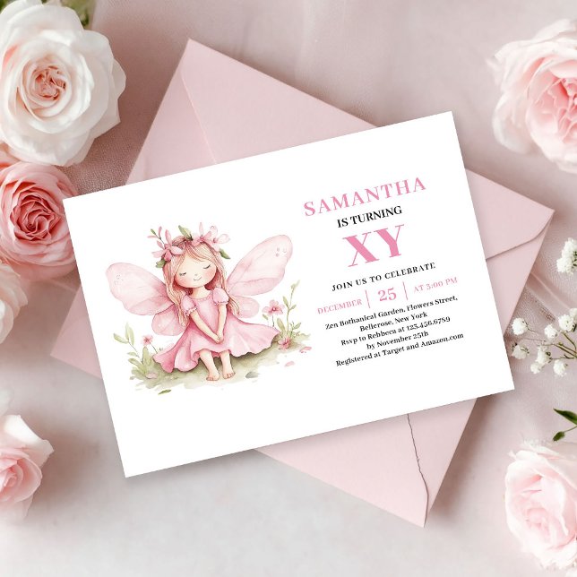 Magisk Sagoprinsessa 7-års Födelsedagsinbjudan Ros Inbjudningar (Magical Fairy Girl 7th Birthday Pink Floral invitation)