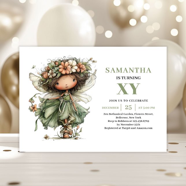Magisk Sagoprinsessa Födelsedags Dammgrön Inbjudan (Magical Fairy Girl Birthday Dusty Green Invitation)