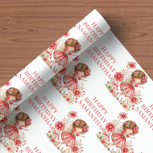 Magisk Sagoprinsessa Röda Blommiga Födelsedagspres Presentpapper (Magical Fairy Girl Blush Floral Birthday Wrapping Paper

)