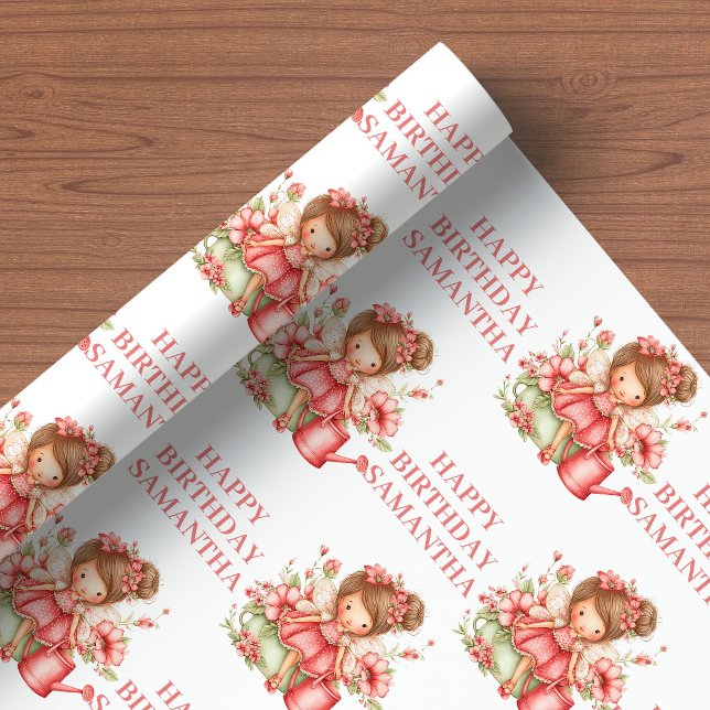 Magisk Sagoprinsessa Röda Blommiga Födelsedagspres Presentpapper (Magical Fairy Girl Blush Floral Birthday Wrapping Paper

)