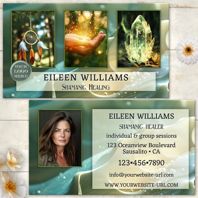 Magisk Shamanistisk Läknings Foto Visitkort (Business card featuring your custom photos framed by a magical shell like design in teal and green)