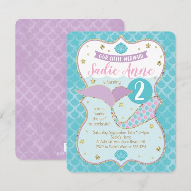 Magisk Sjöjungfru Lila på födelsedagen och turkos Inbjudningar (Fram/baksida)