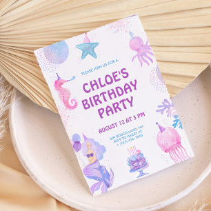 Magisk Sjöjungfru Lila Rosa Watercolor Birthday Inbjudningar