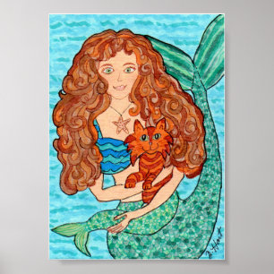 Magisk Sjöjungfru med Cat Folk Art Poster