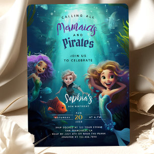 Magisk Sjöjungfru och swashbuckling Pirat Birthday Inbjudningar