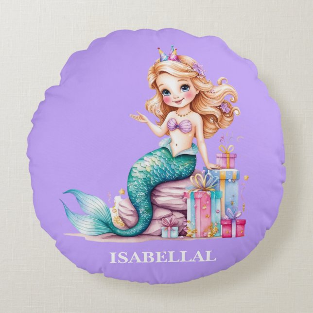 Magisk sjöjungfru regnbåge Birthday-flicka party Rund Kudde (Framsidan)