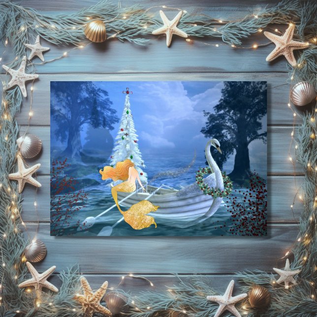 Magisk Sjöjungfru, Svan Boat och Julgran Helgkort (Magical Mermaid, Swan Boat and Christmas Tree Holiday Card)