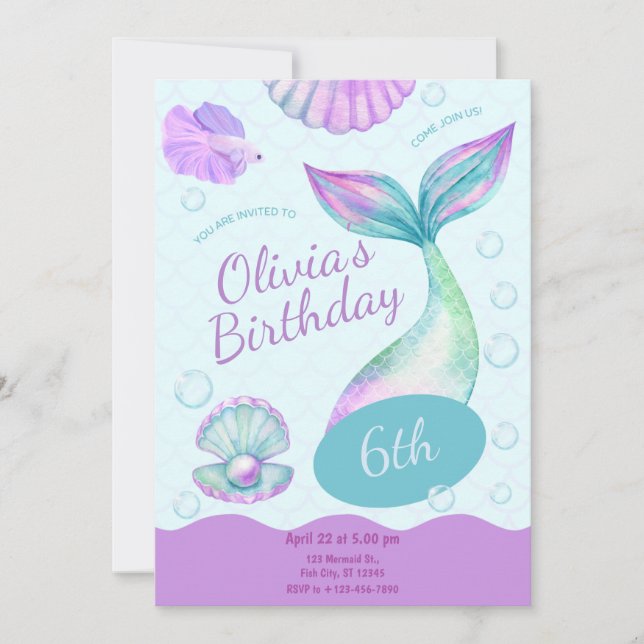 Magisk sjöjungfru under havet födelsedagsfest inbjudningar (Framsida)