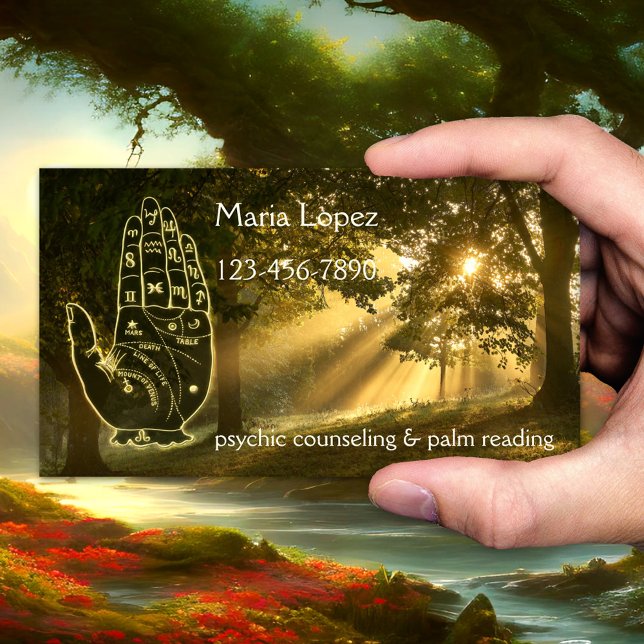 Magisk Skog Handläsare AffärsKort Visitkort (Business card featuring a magical forest with a hand palm outline. Great for a palm reader, psychic)