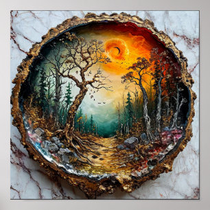 Magisk Skog Solnedgång Träcirkel Fantasi Natur Poster