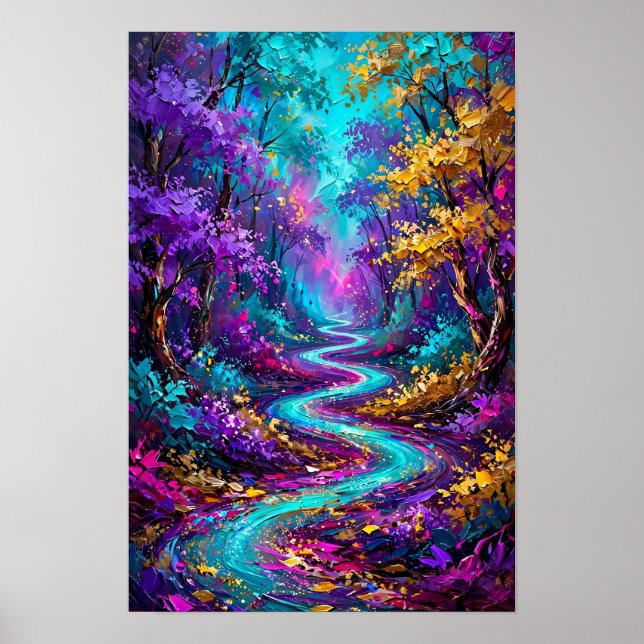 Magisk Skog Turkos Flod - Lila Guld Färg Poster (Framsidan)