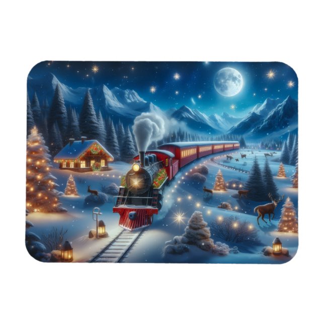 Magisk Snöig Jul Tåg Vinter Scen Magnet (Horisontell)