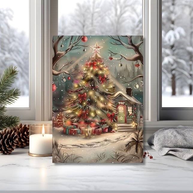 Magisk snöig julstuga  kort (Send a peaceful scene with this holiday card featuring a glowing tree and cozy cottage)
