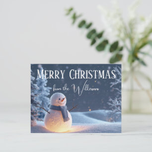 Magisk snöman på en vinterkväll Anpassat namn Xmas Vykort