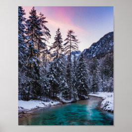 Magisk solnedgång turkos flod Mojstrana, Slovenien Poster