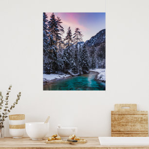Magisk solnedgång turkos flod Mojstrana, Slovenien Poster