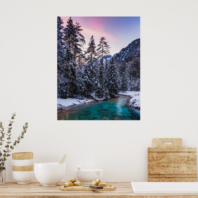 Magisk solnedgång turkos flod Mojstrana, Slovenien Poster (Kök)