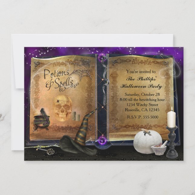 MAGISK SPELLBOK Halloween-häxinvitation #2 Inbjudningar (Framsida)