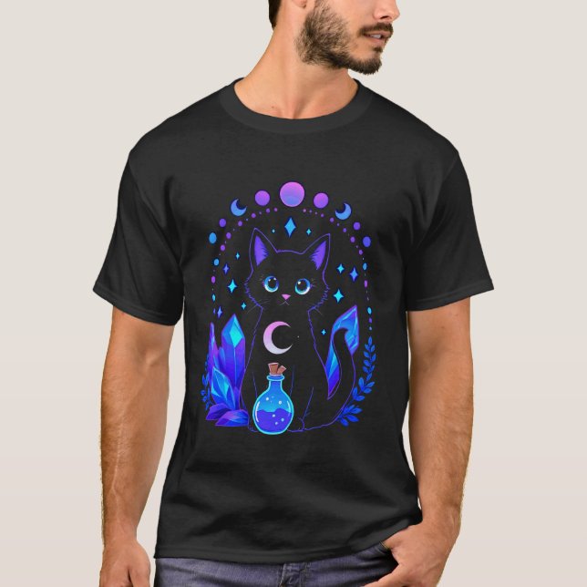 Magisk svart katt halvmåne förtrollad Halloween T Shirt (Framsida)