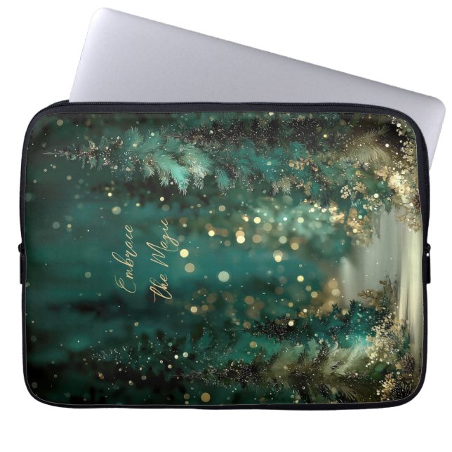 Magisk tealgrön skog guld bokeh laptop fodral (Framsidan)