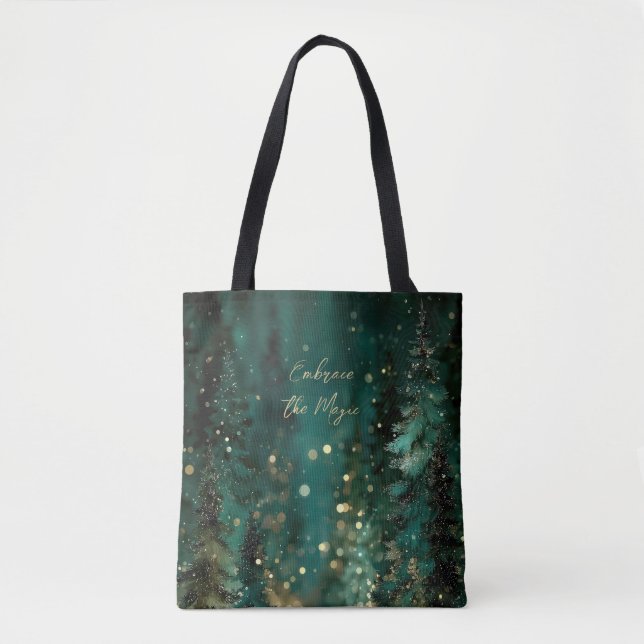Magisk tealgrön skog guld bokeh  tygkasse (Framsida)