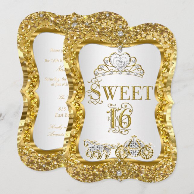 Magisk Tiara Prinsessa Sweet 16 Guld Vit Inbjudan (Fram/baksida)