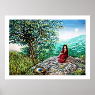 MAGISK TRÄD / Gryning i grön skog och dam i rött Poster