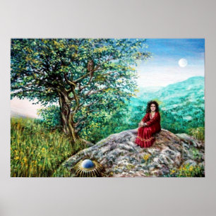 MAGISK TRÄD / Gryning i grön skog och dam i rött Poster
