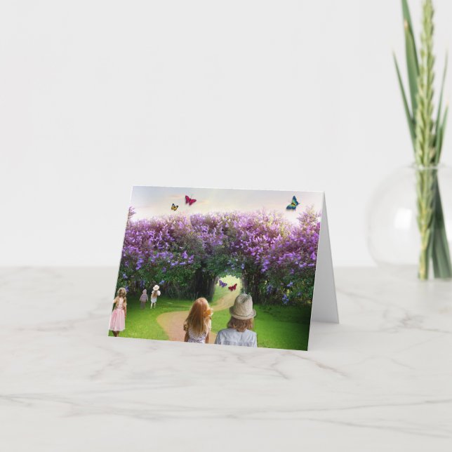 magisk trädgård med barn och fjärilar tack kort (Framsida)