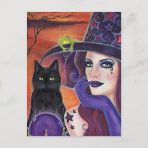 Magisk trollformel Halloween-häxa med svart katt. Vykort