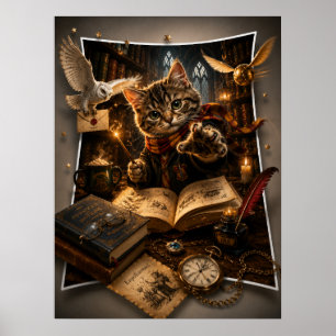 Magisk Trollkarls Katt 3D Utstansig Fantasy Väggko Poster
