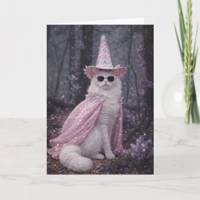 Magisk Trollkatt i Gnistrande Rosa Cape och Hatt   Kort (Framsida)